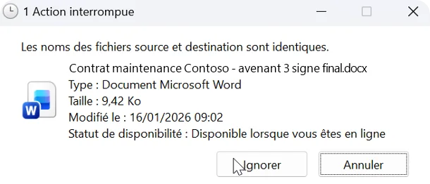 Fenêtre Windows « Action interrompue » affichée pour un document Word au nom très long