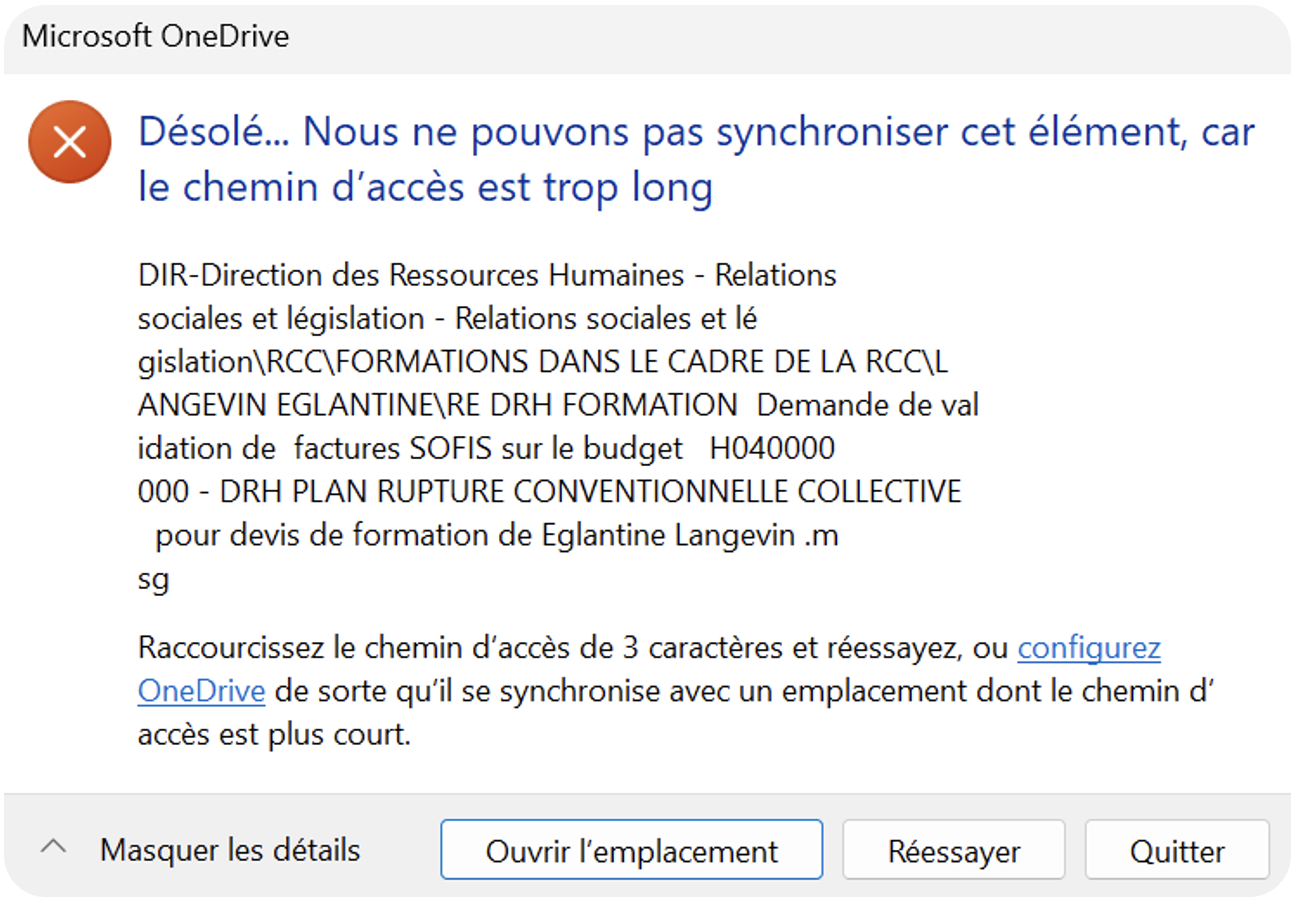 Erreur OneDrive 400 caractères