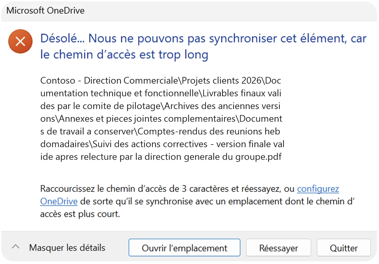 Message d'erreur OneDrive : « Nous ne pouvons pas synchroniser cet élément, car le chemin d'accès est trop long »