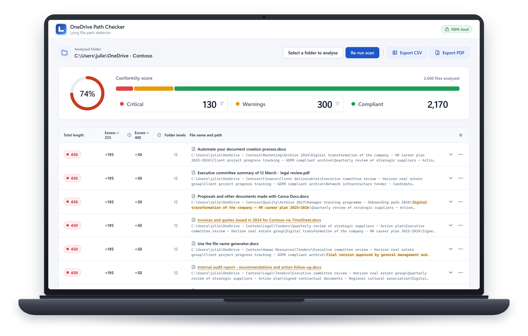 Preview of the OneDrive Path Checker application: compliance score and list of files to fix
